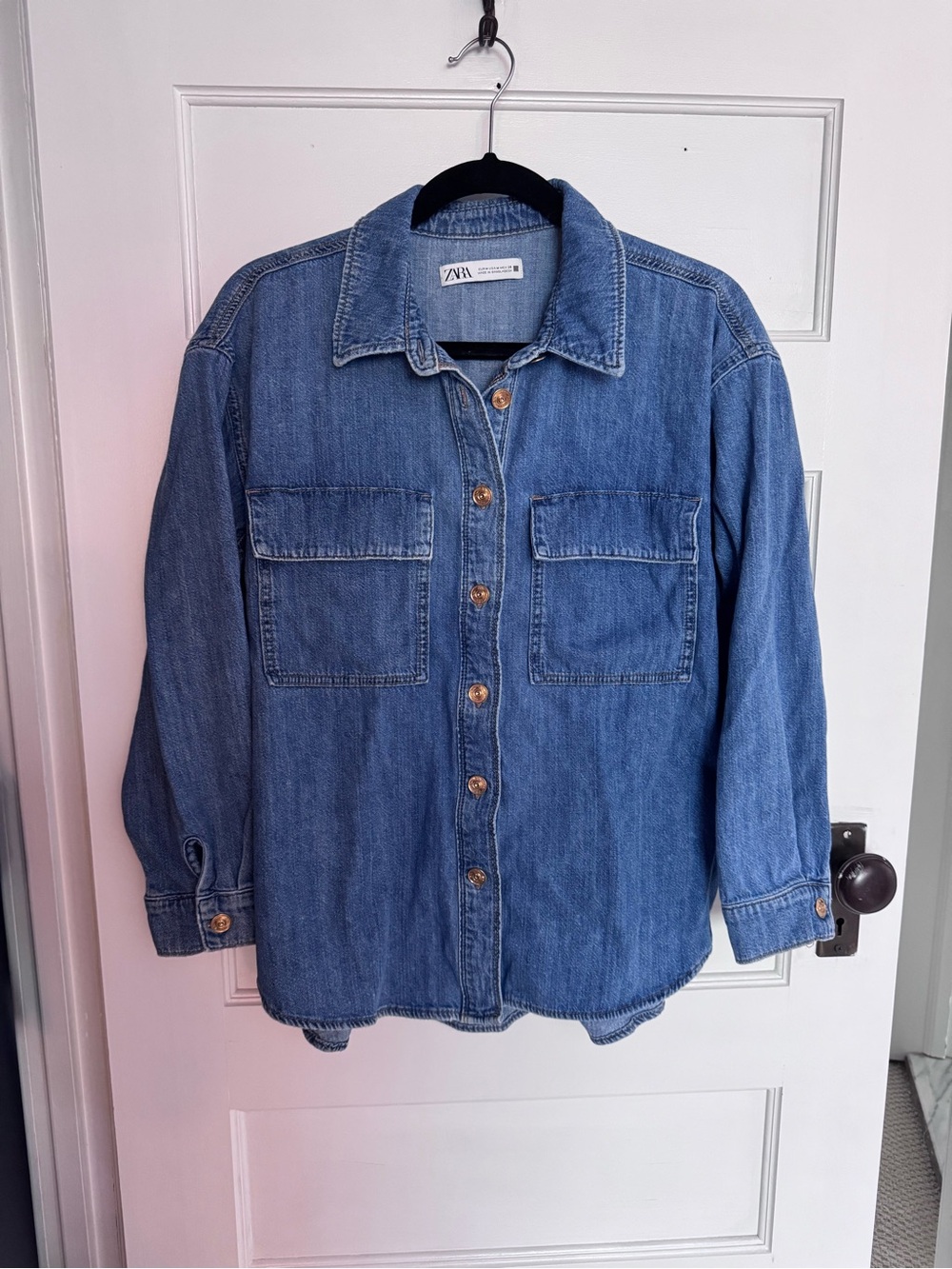 Zara Blue Denim Button-Front Shirt Jacket